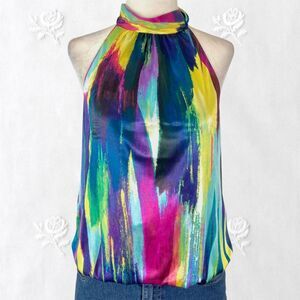 Bcx Early 2000's Cinched Multi Colorful Satin High Neck Tie Halter Top L